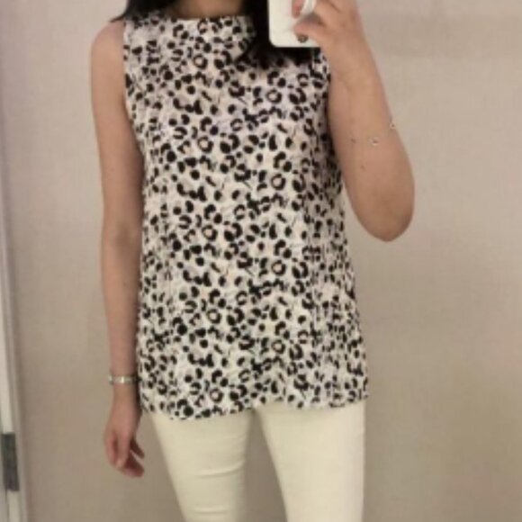 Ann Taylor LOFT Leopard Print Piped Mixed Media Shell Blouse - Picture 2 of 6